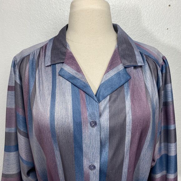 Vtg Amy Lynn Womans Blouse XXL Knit Blue Gray Purple Strip Balloon 3/4 Sleeves - Picture 3 of 12